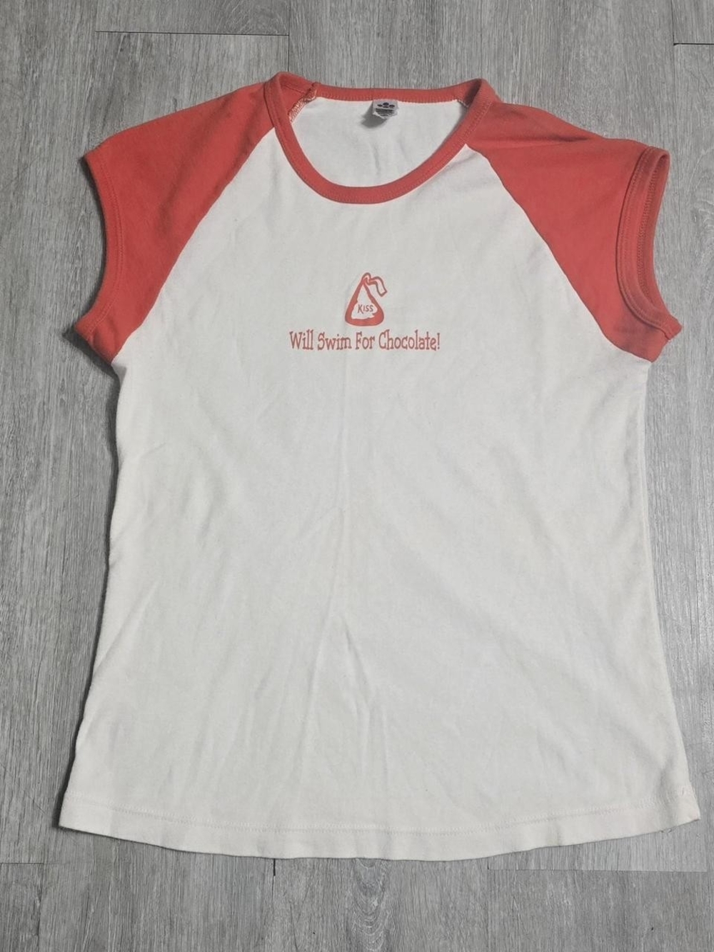 Y2K Hershey's Kiss "Will Swim For Chocolate!" Baby Tee White/Orange Size Large